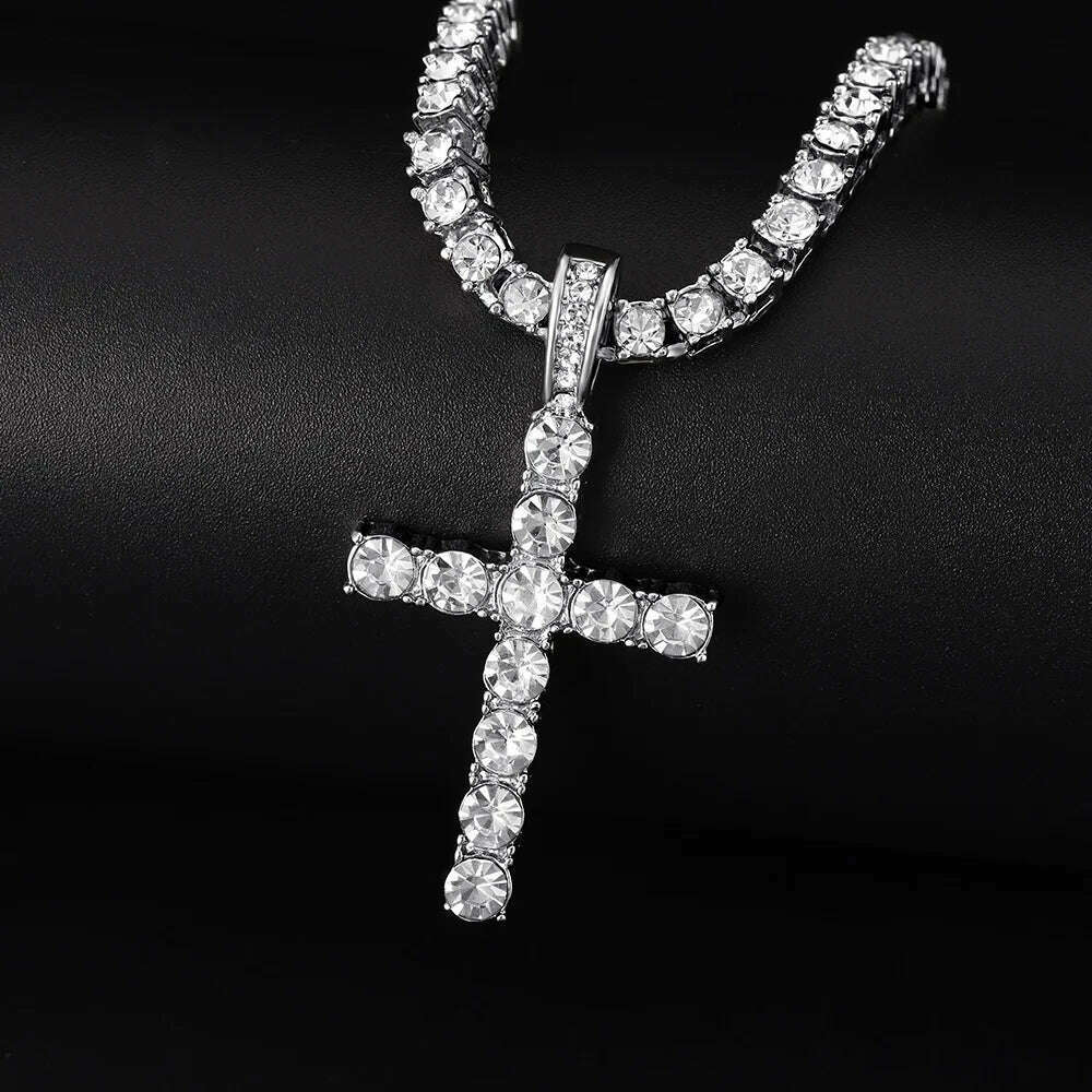 KIMLUD, Men Women Hip Hop Cross Pendant Necklace With 4mm Zircon Tennis Chain Iced Out Exquisite Bling Jewelry Fashion Trendy Creative, KIMLUD Womens Clothes