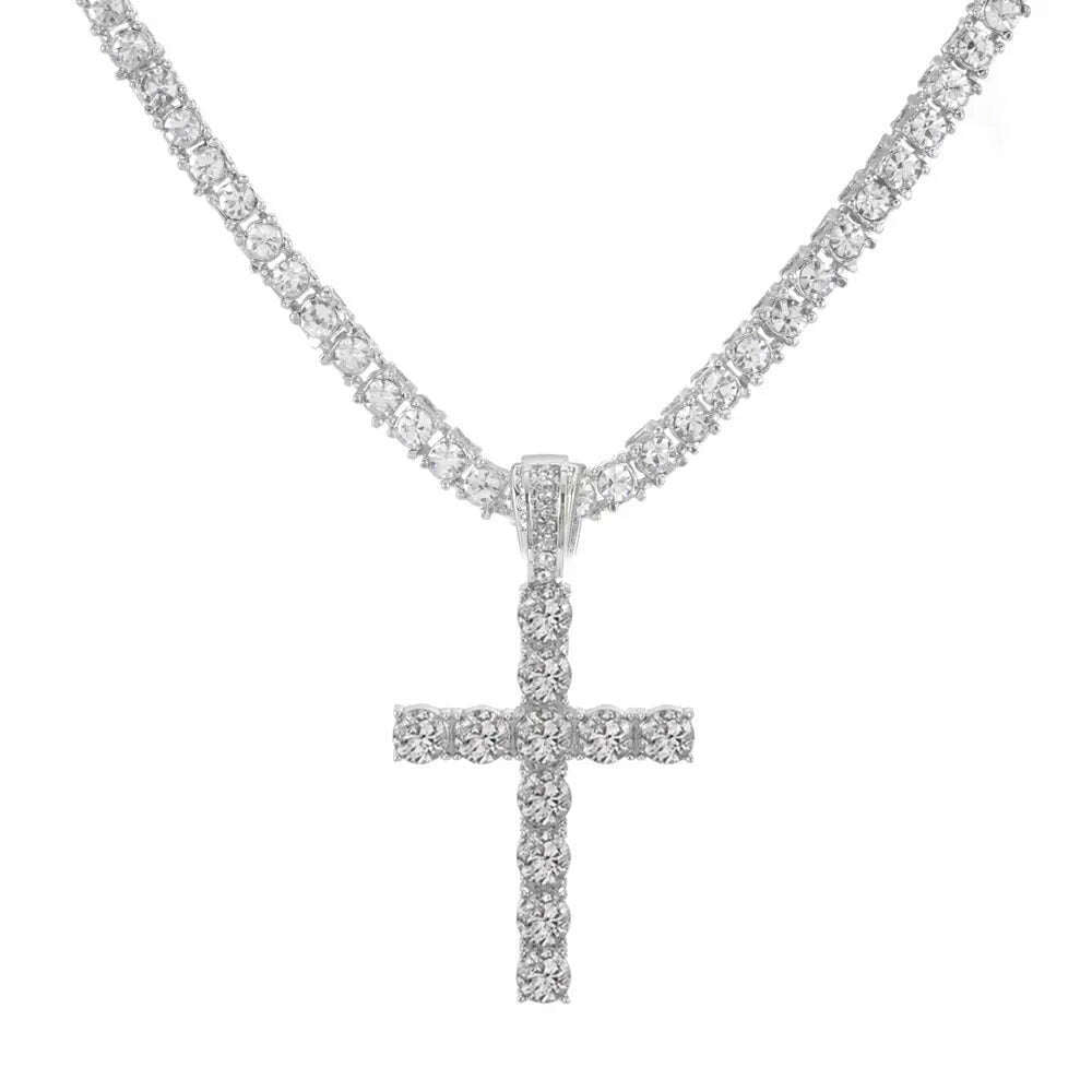KIMLUD, Men Women Hip Hop Cross Pendant Necklace With 4mm Zircon Tennis Chain Iced Out Exquisite Bling Jewelry Fashion Trendy Creative, MB017S-TC002 / 20inch(50cm), KIMLUD Womens Clothes