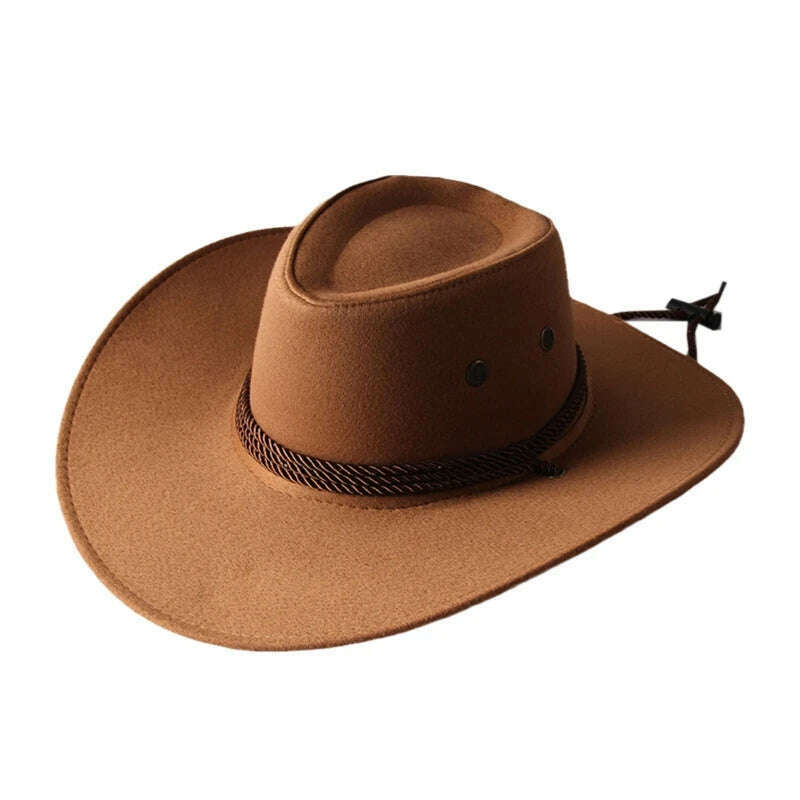 Men's Cool Sun Hat Solid Color Cool Western Cowboy Hat Plain Solid Color Men's Peaked Cap Large Western Rope Knight Cowboy Hat - KIMLUD