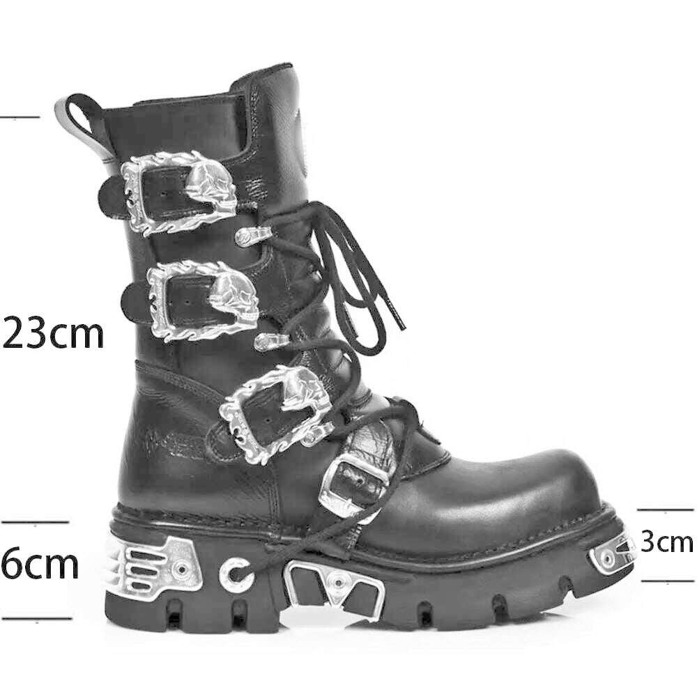 Men's Fashion Genuine Leather Motorcycle Boots Gothic Skull Punk Boots Design Rock Women Mid-calf Boots Metallic Combat Boot48 - KIMLUD
