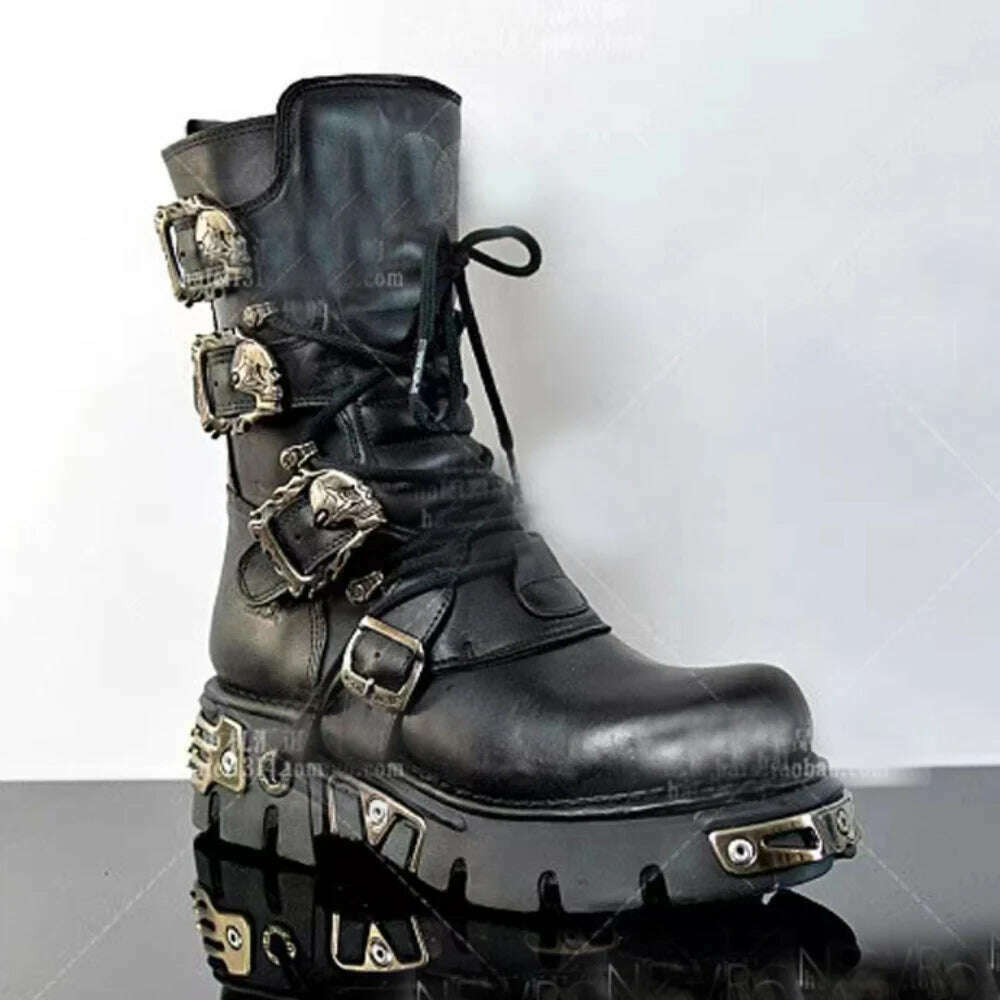 Men's Fashion Genuine Leather Motorcycle Boots Gothic Skull Punk Boots Design Rock Women Mid-calf Boots Metallic Combat Boot48 - KIMLUD