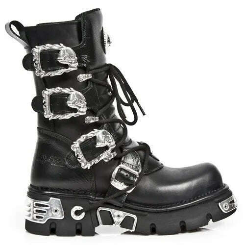 Men's Fashion Genuine Leather Motorcycle Boots Gothic Skull Punk Boots Design Rock Women Mid-calf Boots Metallic Combat Boot48 - KIMLUD