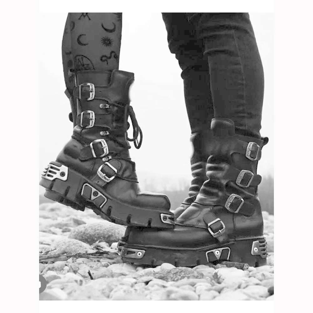 Men's Fashion Genuine Leather Motorcycle Boots Gothic Skull Punk Boots Design Rock Women Mid-calf Boots Metallic Combat Boot48 - KIMLUD