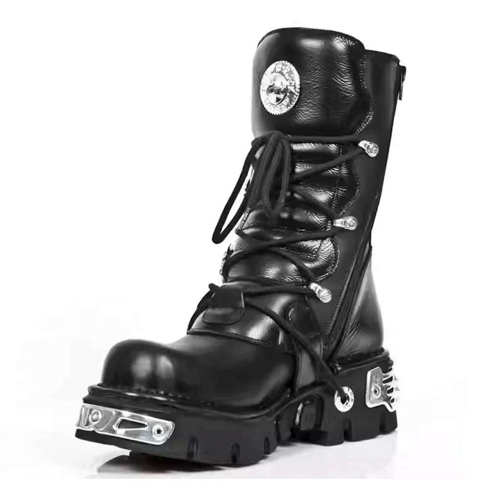 Men's Fashion Genuine Leather Motorcycle Boots Gothic Skull Punk Boots Design Rock Women Mid-calf Boots Metallic Combat Boot48 - KIMLUD