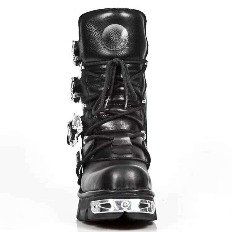 Men's Fashion Genuine Leather Motorcycle Boots Gothic Skull Punk Boots Design Rock Women Mid-calf Boots Metallic Combat Boot48 - KIMLUD
