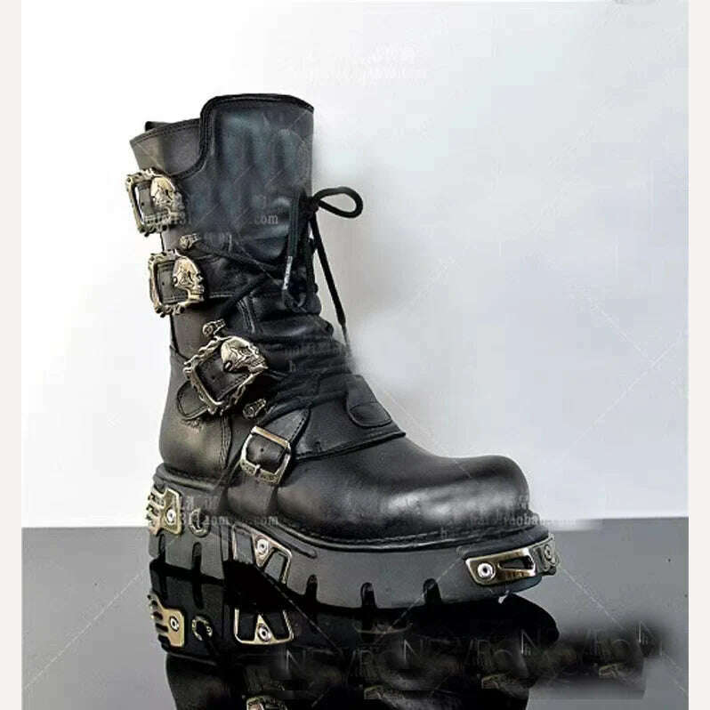 Men's Fashion Genuine Leather Motorcycle Boots Gothic Skull Punk Boots Design Rock Women Mid-calf Boots Metallic Combat Boot48 - KIMLUD