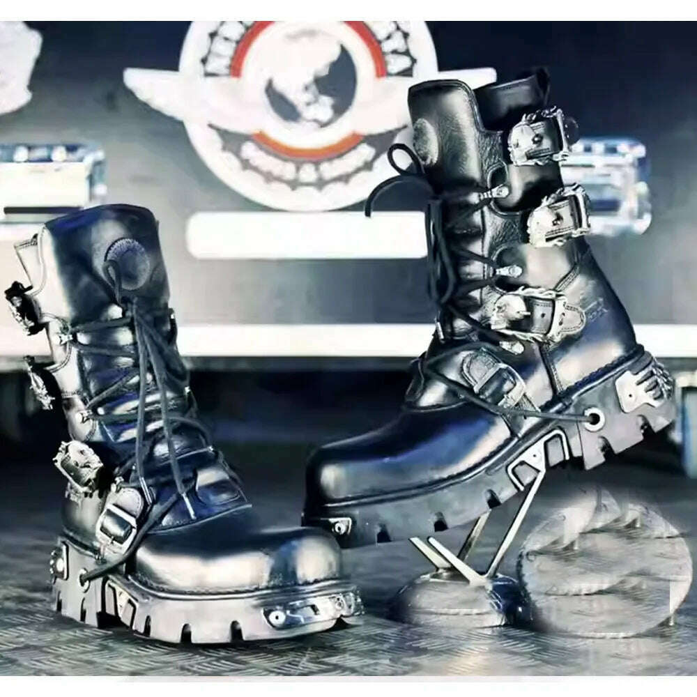 Men's Fashion Genuine Leather Motorcycle Boots Gothic Skull Punk Boots Design Rock Women Mid-calf Boots Metallic Combat Boot48 - KIMLUD