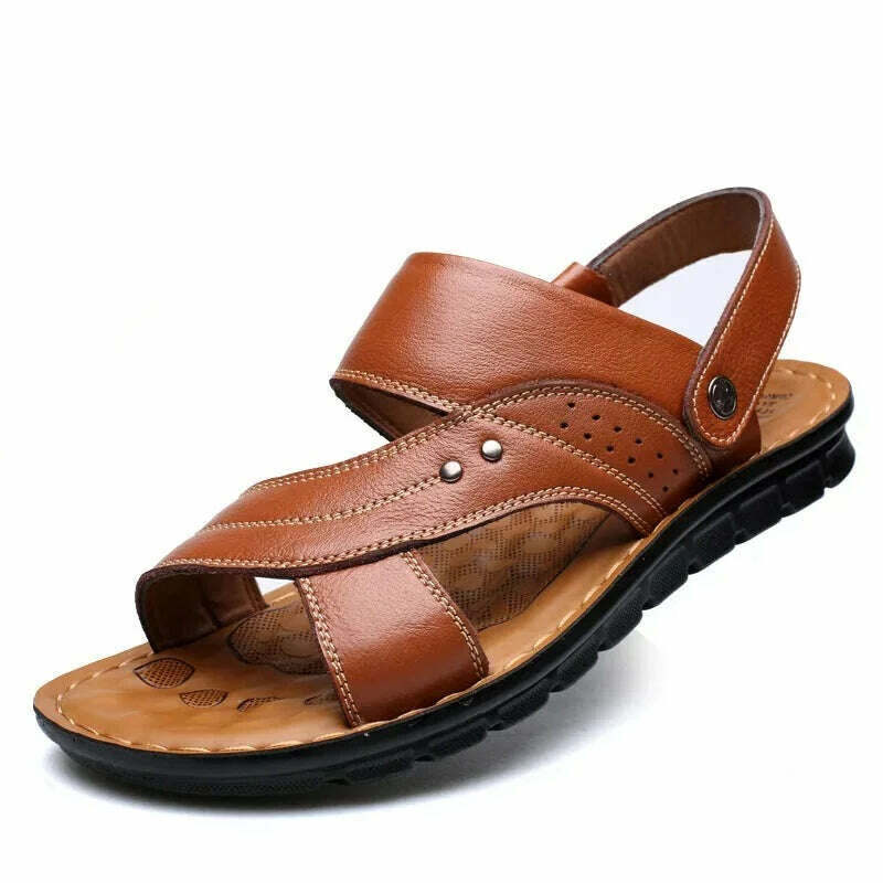 Men's Summer New Men's Sandals Men's Leather Beach Shoes Casual Men's Shoes Fashion Slippers Stripe Sandals Rubber Mens Shoes - KIMLUD