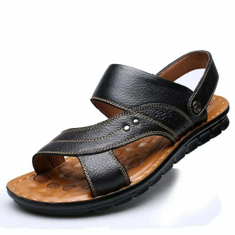 Men's Summer New Men's Sandals Men's Leather Beach Shoes Casual Men's Shoes Fashion Slippers Stripe Sandals Rubber Mens Shoes - KIMLUD