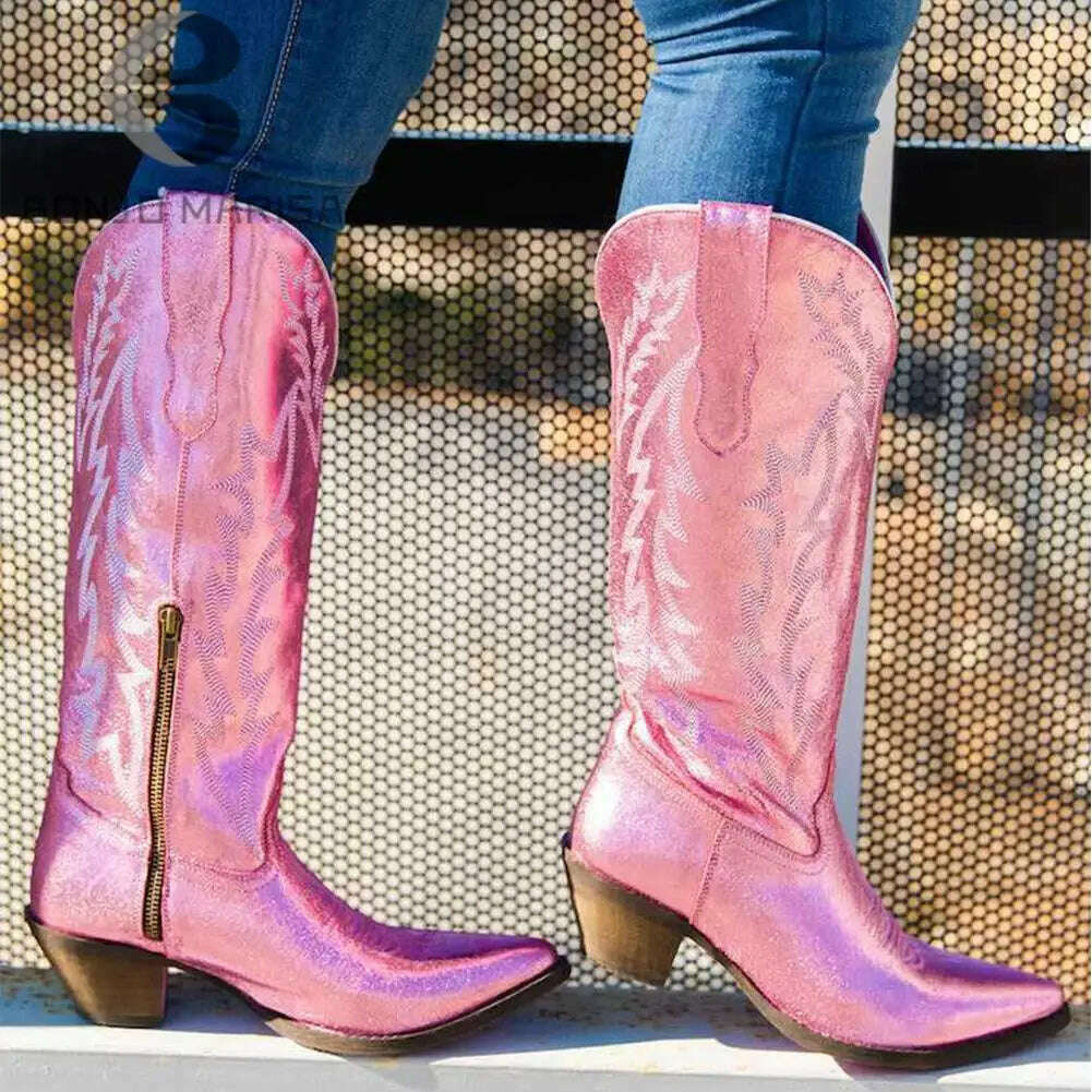 Metallic Cowboy boots woman Western Boots For Women 2022 Zip Embroidered Pointed Toe Heeled Winter Shoes Pink Red Gold Metalic - KIMLUD