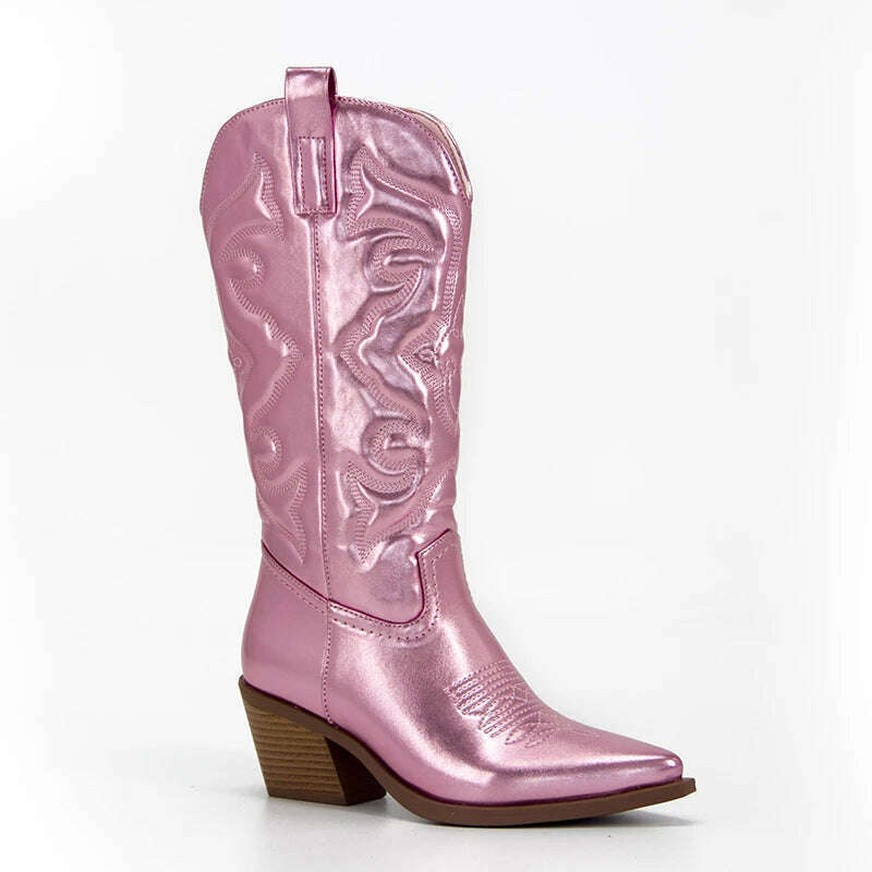 Metallic Cowboy boots woman Western Boots For Women 2022 Zip Embroidered Pointed Toe Heeled Winter Shoes Pink Red Gold Metalic - KIMLUD