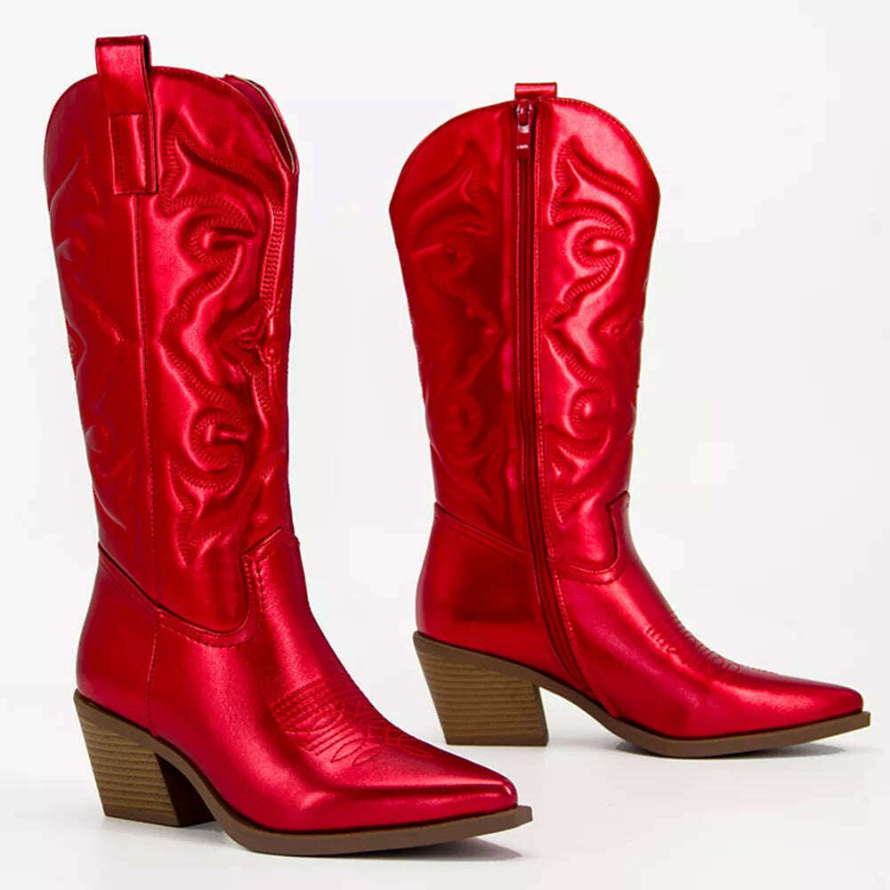 Metallic Cowboy boots woman Western Boots For Women 2022 Zip Embroidered Pointed Toe Heeled Winter Shoes Pink Red Gold Metalic - KIMLUD
