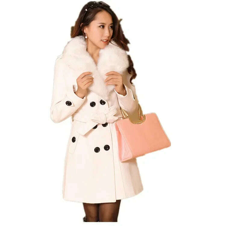 KIMLUD, Mid Length Wool Coats Women Fur Collar Splice Blends Korean Full Sleeve Double Breasted Lace Up Belt Thick Warm Winter Jackets, KIMLUD Womens Clothes