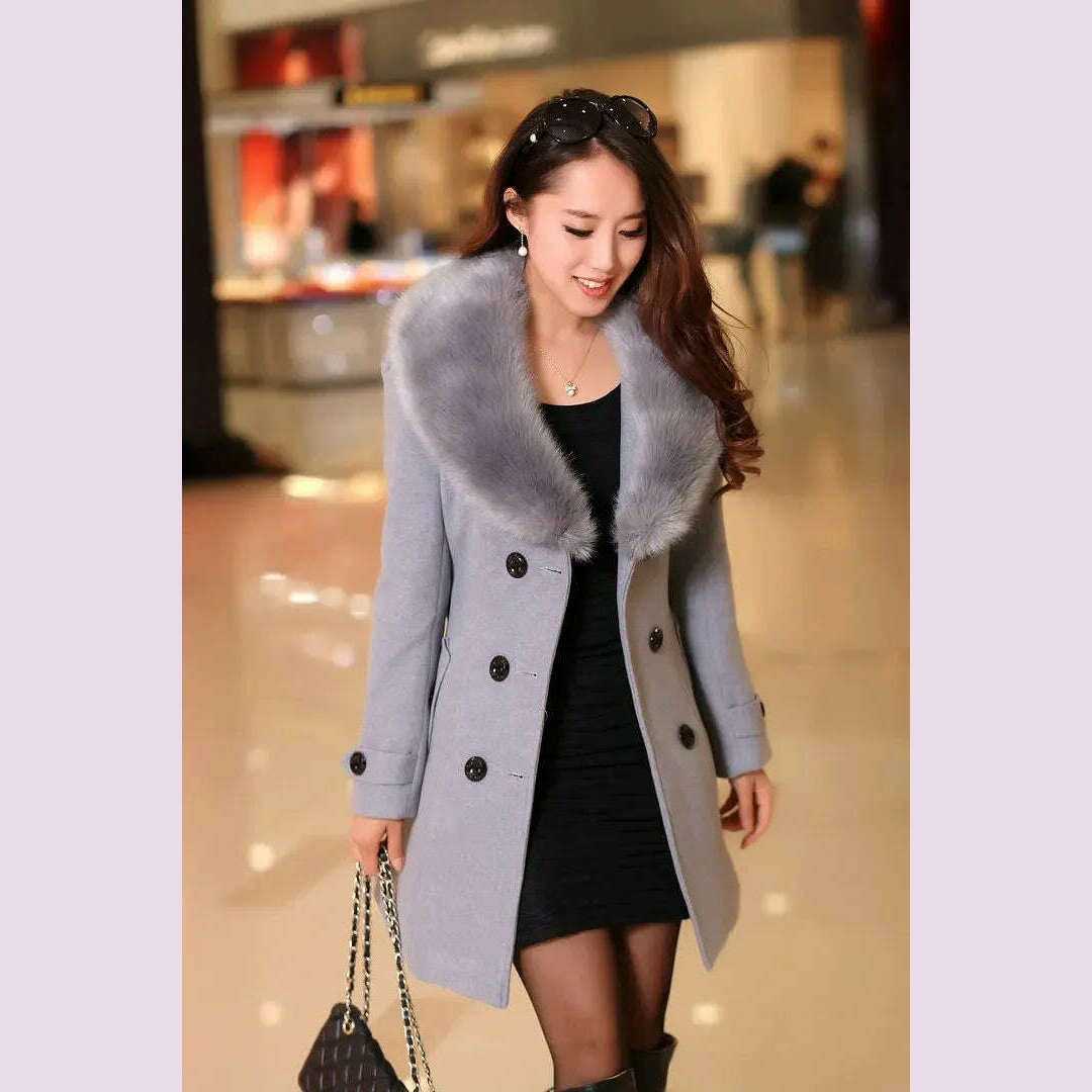 KIMLUD, Mid Length Wool Coats Women Fur Collar Splice Blends Korean Full Sleeve Double Breasted Lace Up Belt Thick Warm Winter Jackets, KIMLUD Womens Clothes