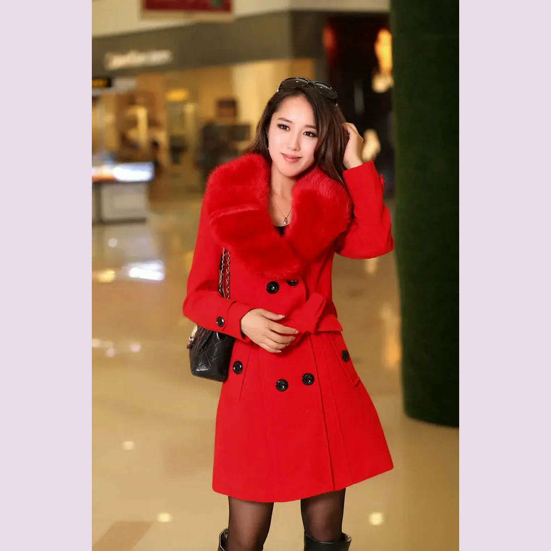 KIMLUD, Mid Length Wool Coats Women Fur Collar Splice Blends Korean Full Sleeve Double Breasted Lace Up Belt Thick Warm Winter Jackets, KIMLUD Womens Clothes