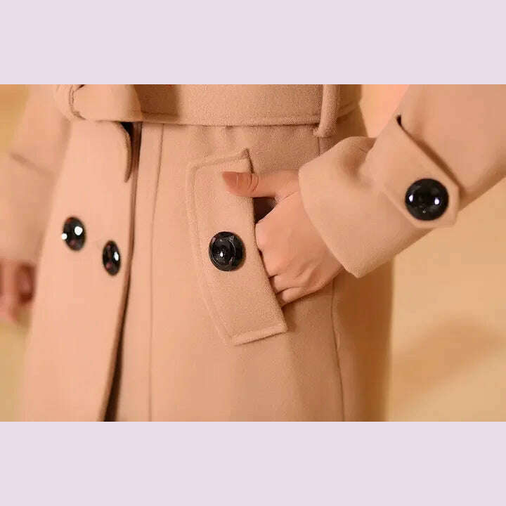 KIMLUD, Mid Length Wool Coats Women Fur Collar Splice Blends Korean Full Sleeve Double Breasted Lace Up Belt Thick Warm Winter Jackets, KIMLUD Womens Clothes
