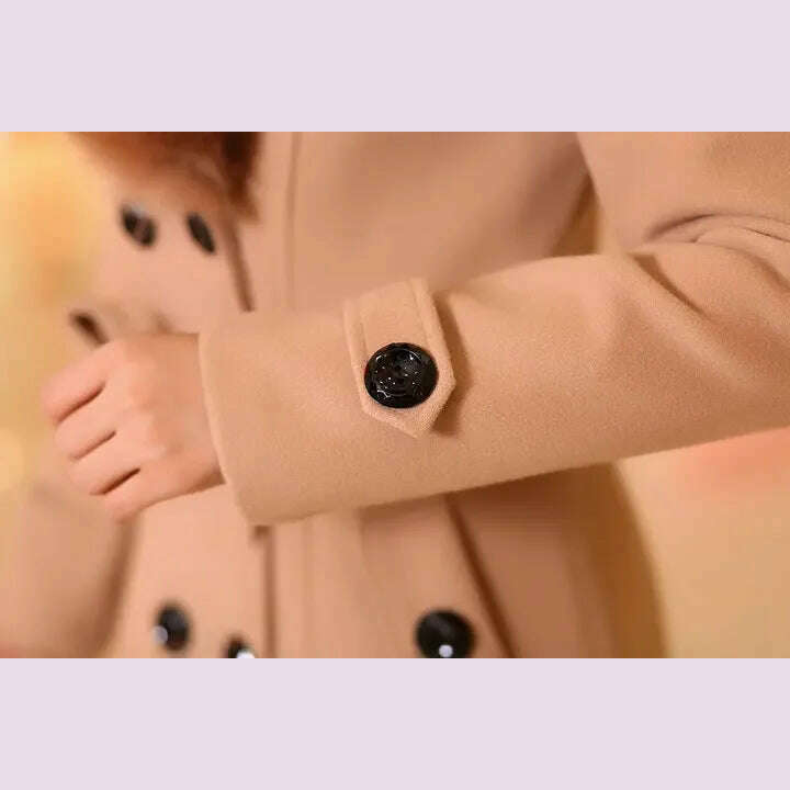 KIMLUD, Mid Length Wool Coats Women Fur Collar Splice Blends Korean Full Sleeve Double Breasted Lace Up Belt Thick Warm Winter Jackets, KIMLUD Womens Clothes