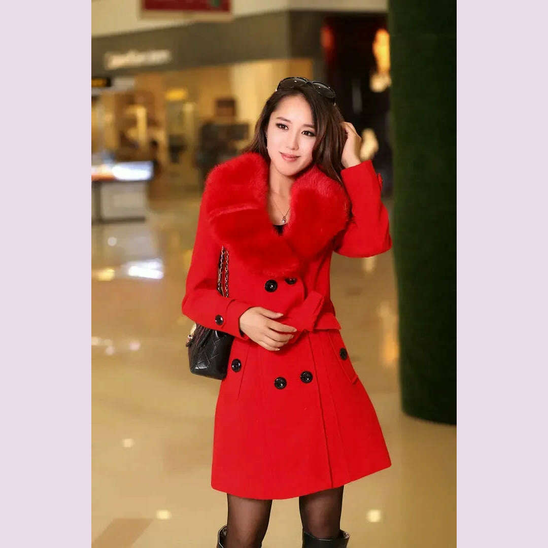 KIMLUD, Mid Length Wool Coats Women Fur Collar Splice Blends Korean Full Sleeve Double Breasted Lace Up Belt Thick Warm Winter Jackets, red / L, KIMLUD APPAREL - Womens Clothes
