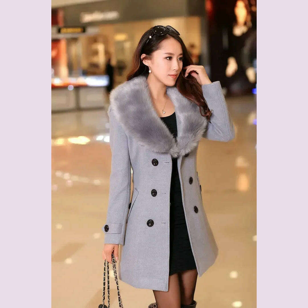 KIMLUD, Mid Length Wool Coats Women Fur Collar Splice Blends Korean Full Sleeve Double Breasted Lace Up Belt Thick Warm Winter Jackets, Gray / L, KIMLUD APPAREL - Womens Clothes