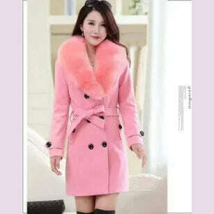 KIMLUD, Mid Length Wool Coats Women Fur Collar Splice Blends Korean Full Sleeve Double Breasted Lace Up Belt Thick Warm Winter Jackets, pink / XL, KIMLUD APPAREL - Womens Clothes