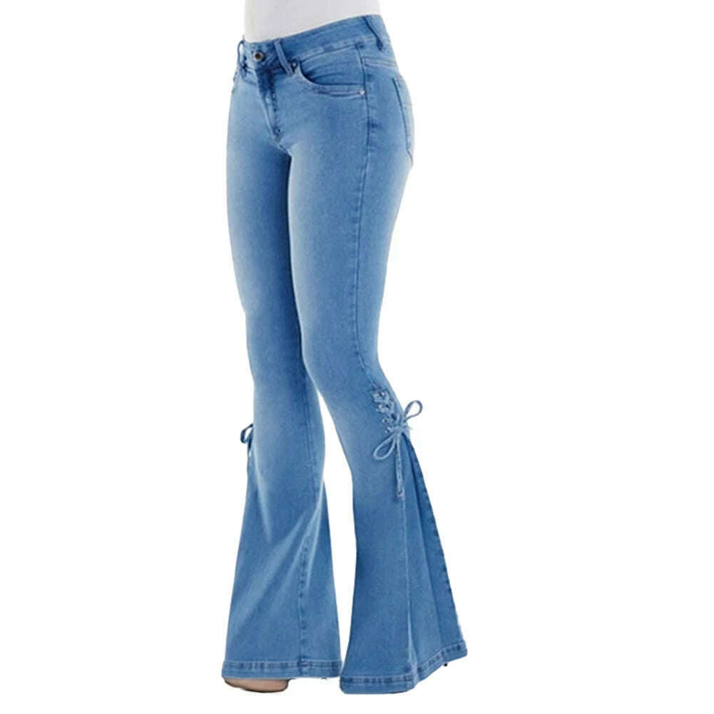 Mid Waisted Stretch Flare Jeans Women Denim Pants Wide Leg Butt-lifted Casual Korean Style Skinny Bell Bottom Pocket Trousers - KIMLUD