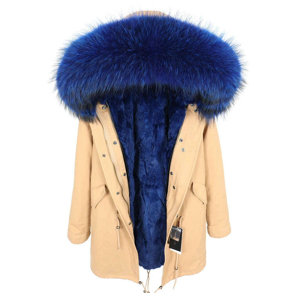 MMK fashion women's parka coat rabbit fur lining big raccoon fur collar winter coat jacket long hooded army green season warm ja - KIMLUD