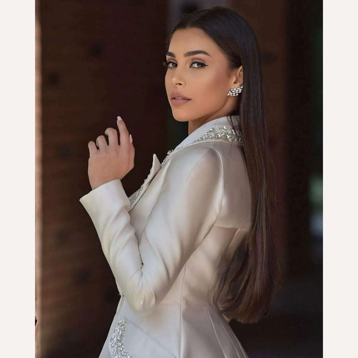 Modern Crystal Women Suits 2 Pieces One Button Shiny Pocket Blazer Custom Made Fashion Slim Fit Elegant Celebrity Jacket - KIMLUD