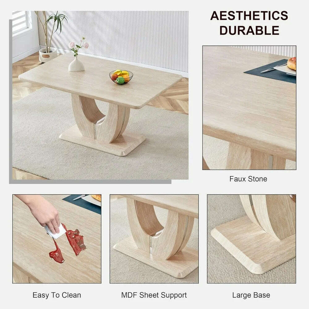 Modern Wooden Dining Table Set for6,Rectangula Kitchen Table Set with Faux Marble Tabletop&6 Pu Leather Upholstered Chairs Ideal - KIMLUD