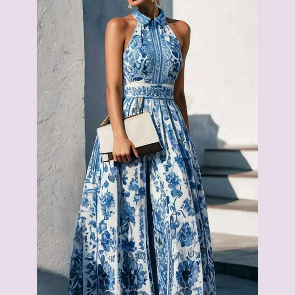 KIMLUD, Modigirl Women Elegant Party Evening Long Dresses 2024 Summer Sleeveless Vintage Blue Flower Printed Lapel A-Line Dress Vestidos, KIMLUD Womens Clothes