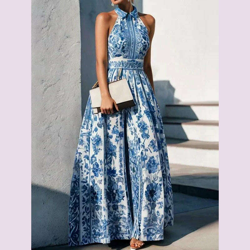 KIMLUD, Modigirl Women Elegant Party Evening Long Dresses 2024 Summer Sleeveless Vintage Blue Flower Printed Lapel A-Line Dress Vestidos, BLUE / XL, KIMLUD APPAREL - Womens Clothes