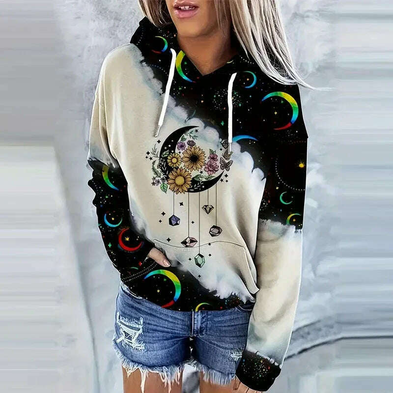 Moon Print Drawstring Hoodie Casual Long Sleeve Hooded Sweatshirt Women's Clothing - KIMLUD