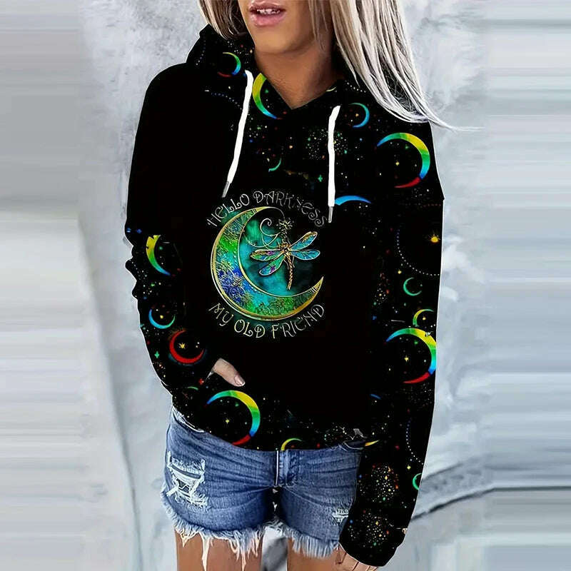 Moon Print Kangaroo Pocket Hoodie, Casual Long Sleeve Drawstring Hoodies Sweatshirt Women's Clothing - KIMLUD