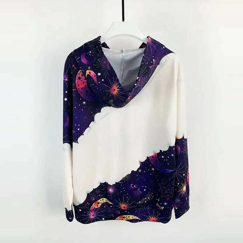Moon Print Kangaroo Pocket Hoodie, Casual Long Sleeve Drawstring Hoodies Sweatshirt Women's Clothing - KIMLUD