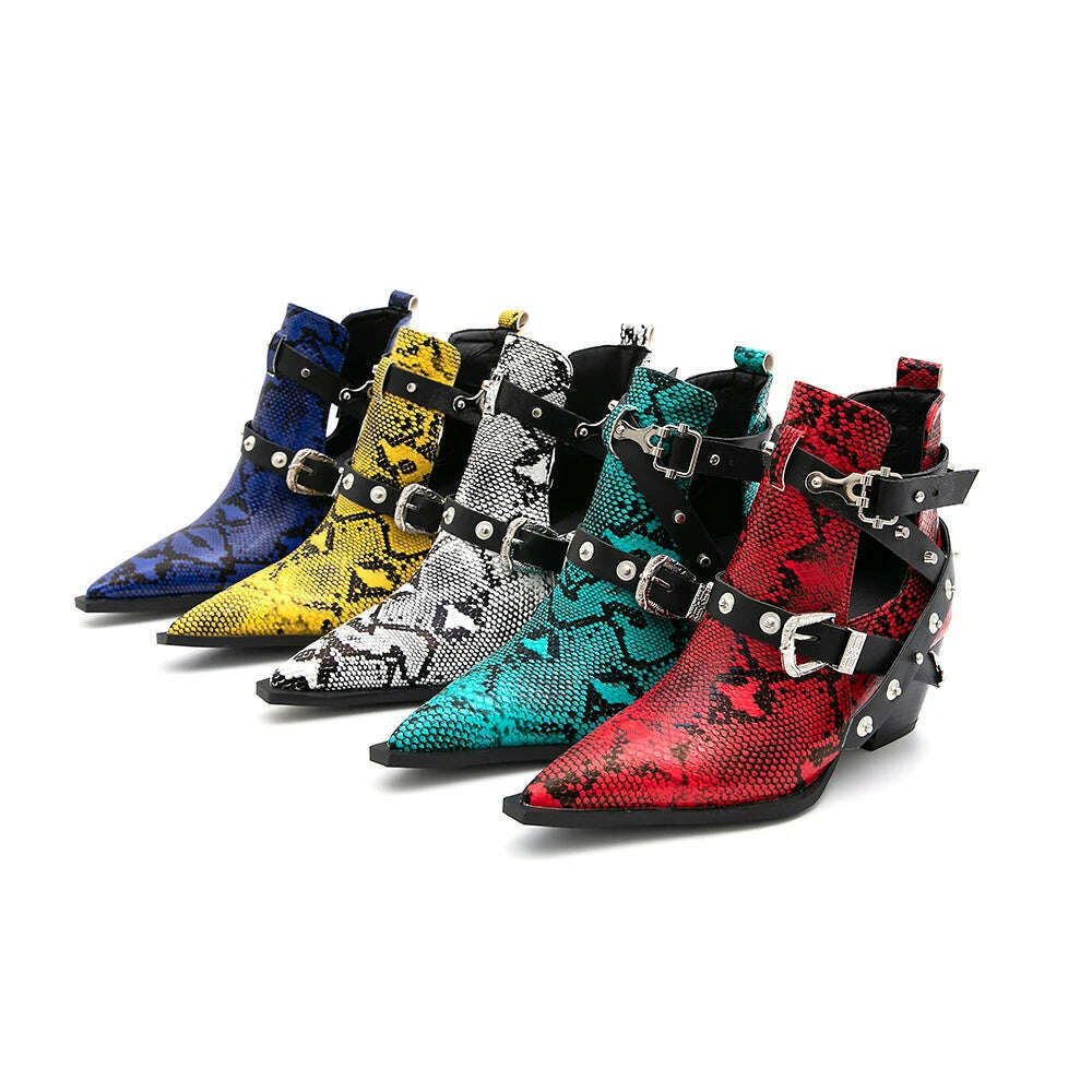 Motorcycle Western Cowboy Boots Women Snake PU Leather Short Cossacks High Heels Pointed Cowgirl Booties Buckle Womens Shoes - KIMLUD