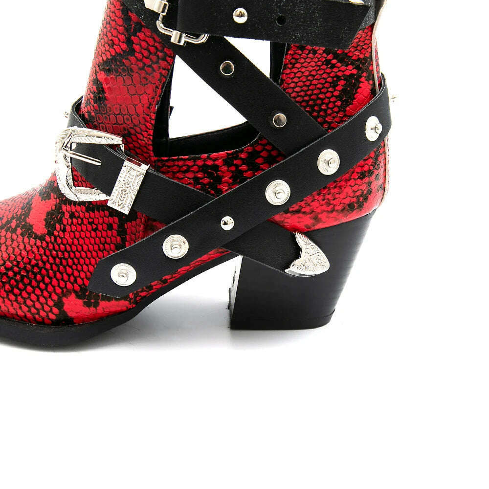 Motorcycle Western Cowboy Boots Women Snake PU Leather Short Cossacks High Heels Pointed Cowgirl Booties Buckle Womens Shoes - KIMLUD