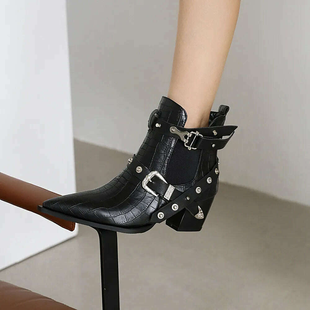 Motorcycle Western Cowboy Boots Women Snake PU Leather Short Cossacks High Heels Pointed Cowgirl Booties Buckle Womens Shoes - KIMLUD