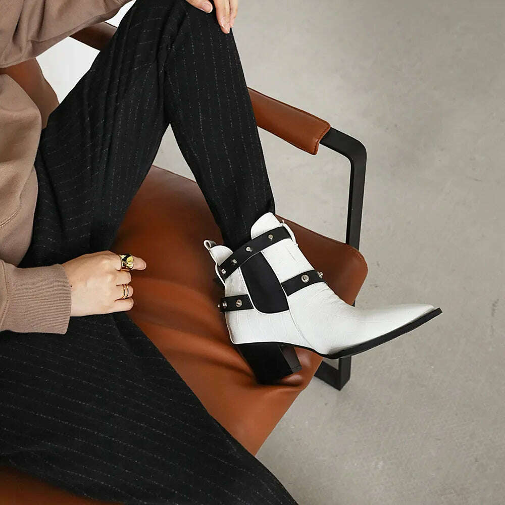 Motorcycle Western Cowboy Boots Women Snake PU Leather Short Cossacks High Heels Pointed Cowgirl Booties Buckle Womens Shoes - KIMLUD