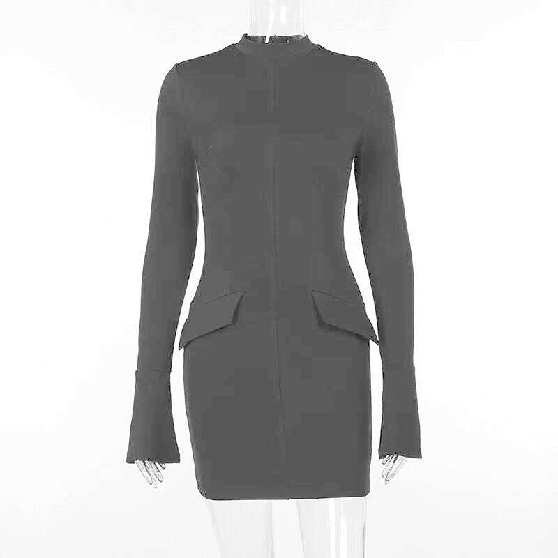 Mozision Dark Blue Two Pocket Sexy Mini Dress For Women 2023 Autumn Winter New Long Sleeve Bodycon Club Party Dress Elegant - KIMLUD