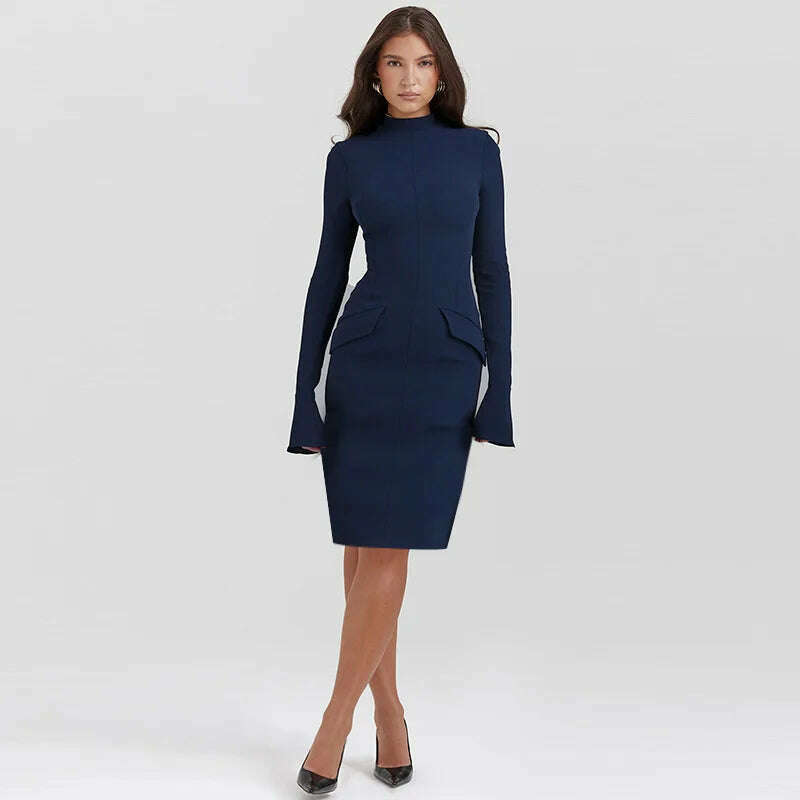 Mozision Dark Blue Two Pocket Sexy Mini Dress For Women 2023 Autumn Winter New Long Sleeve Bodycon Club Party Dress Elegant - KIMLUD