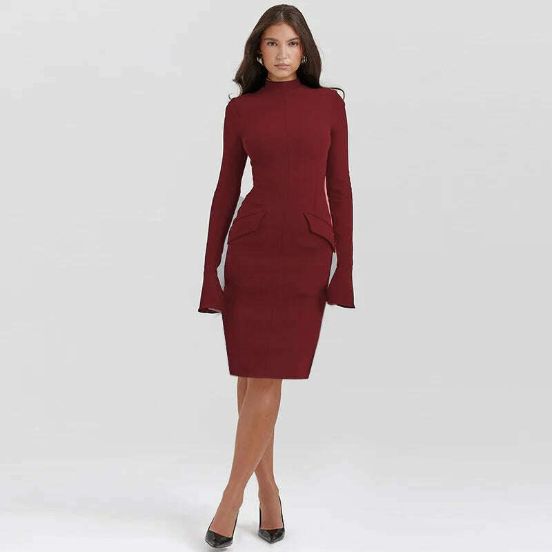 Mozision Dark Blue Two Pocket Sexy Mini Dress For Women 2023 Autumn Winter New Long Sleeve Bodycon Club Party Dress Elegant - KIMLUD
