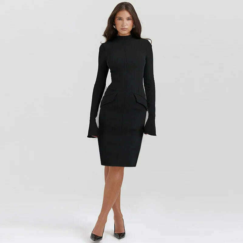 Mozision Dark Blue Two Pocket Sexy Mini Dress For Women 2023 Autumn Winter New Long Sleeve Bodycon Club Party Dress Elegant - KIMLUD