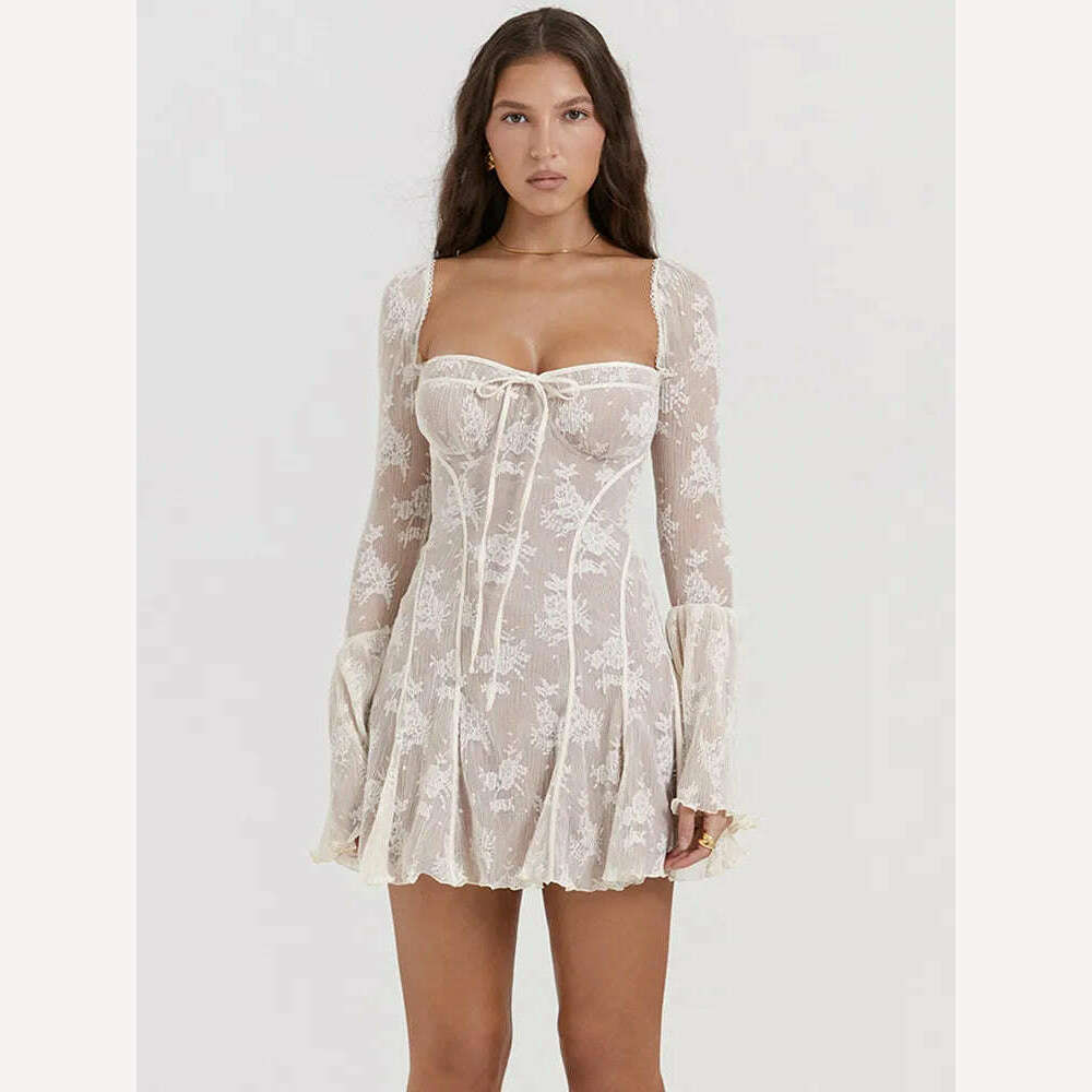 Mozision Elegant Print Mini Dress For Women Autumn Winter New Square Collar Long Sleeve Backless Loose Club Party Sexy Dress - KIMLUD