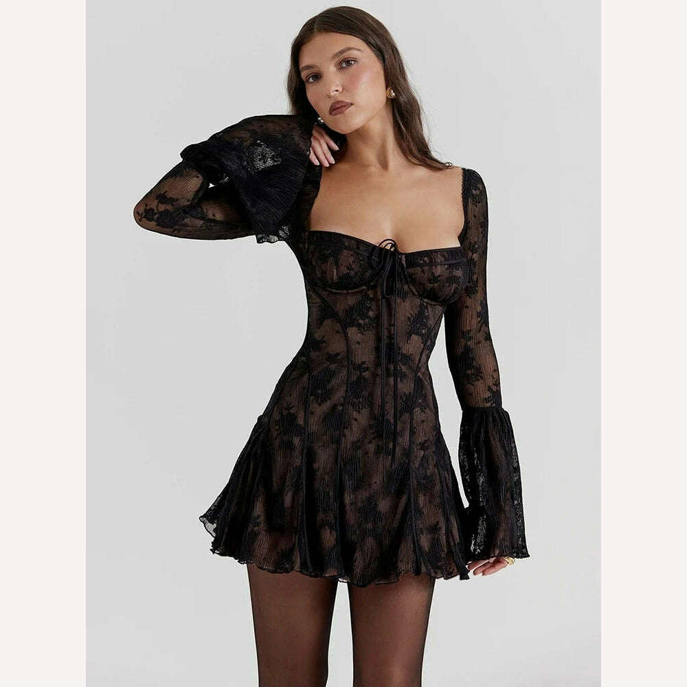 Mozision Elegant Print Mini Dress For Women Autumn Winter New Square Collar Long Sleeve Backless Loose Club Party Sexy Dress - KIMLUD