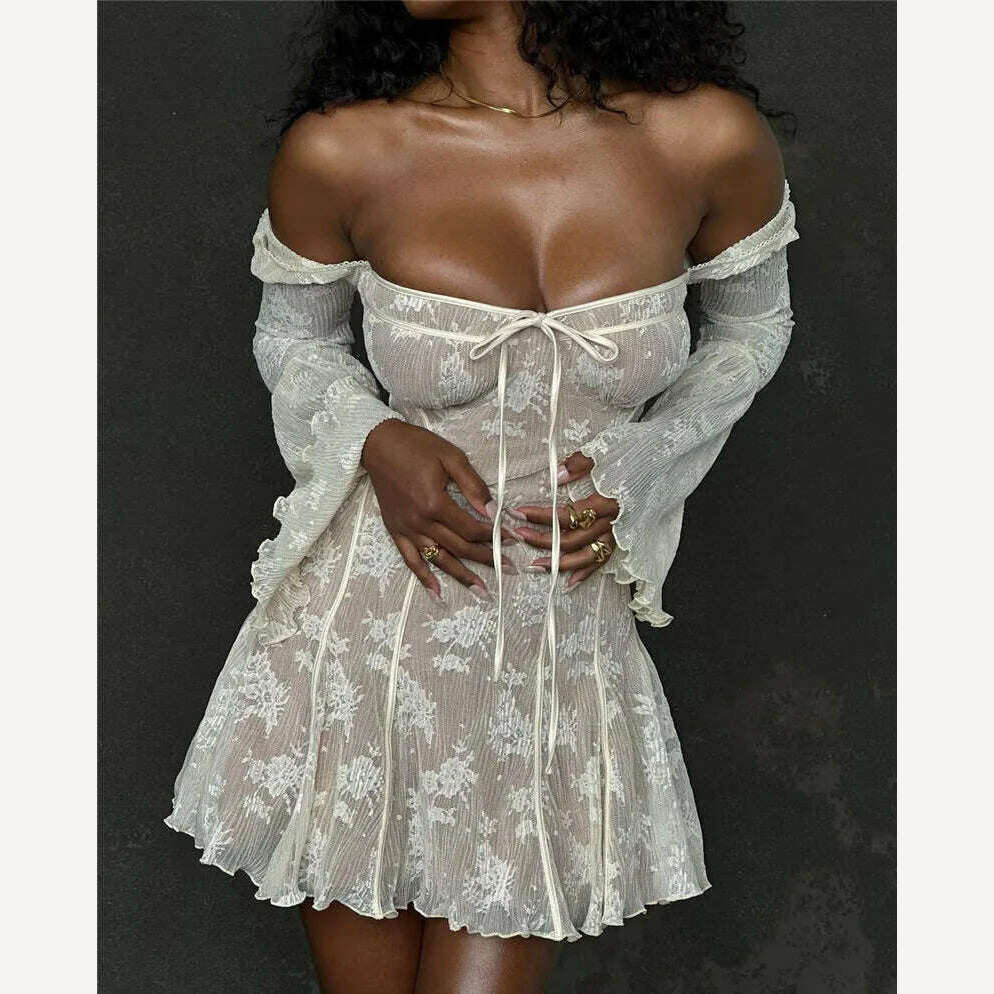 Mozision Elegant Print Mini Dress For Women Autumn Winter New Square Collar Long Sleeve Backless Loose Club Party Sexy Dress - KIMLUD