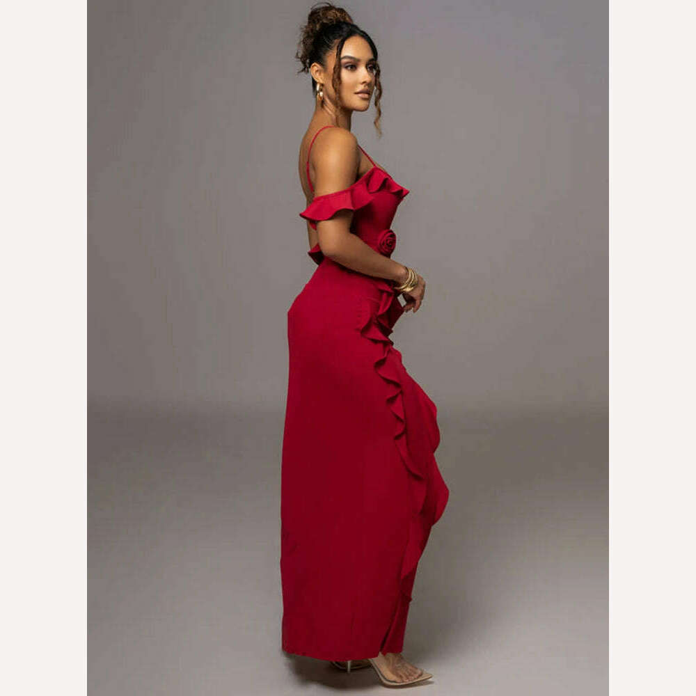 Mozision Elegant Ruffle Sexy Maxi Dress Women Spaghetti Strap Flower Sleeveless Backless High Split Club Party Evening Dress - KIMLUD