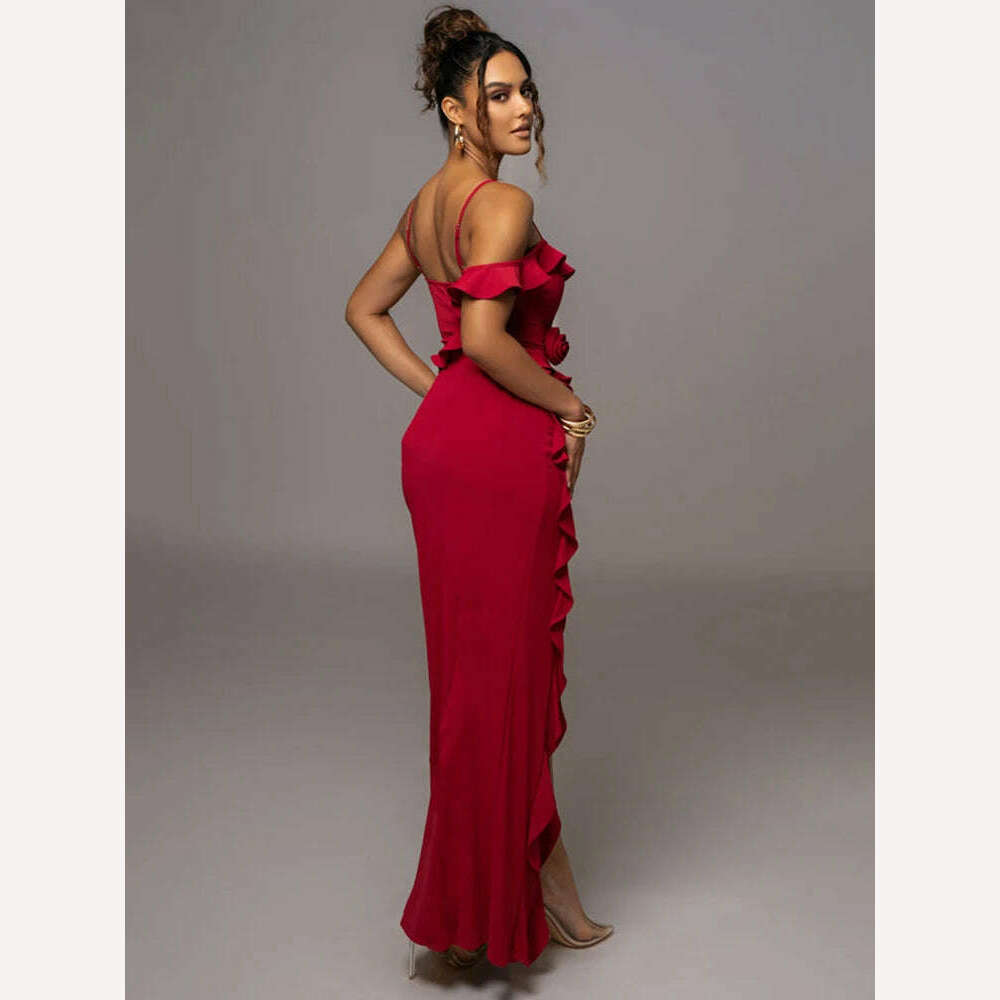 Mozision Elegant Ruffle Sexy Maxi Dress Women Spaghetti Strap Flower Sleeveless Backless High Split Club Party Evening Dress - KIMLUD