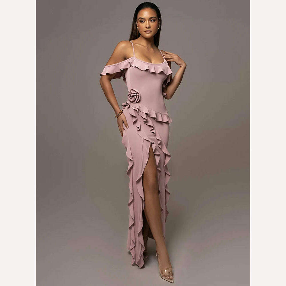 Mozision Elegant Ruffle Sexy Maxi Dress Women Spaghetti Strap Flower Sleeveless Backless High Split Club Party Evening Dress - KIMLUD