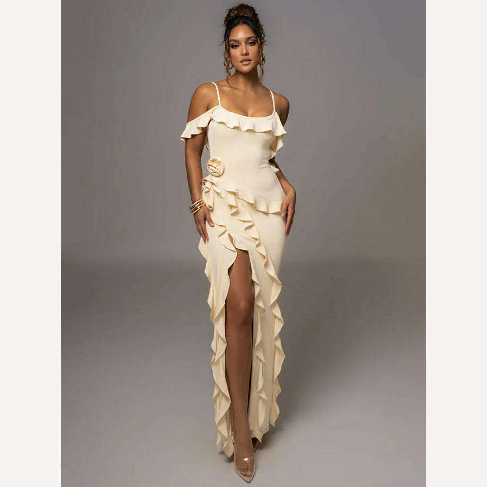 Mozision Elegant Ruffle Sexy Maxi Dress Women Spaghetti Strap Flower Sleeveless Backless High Split Club Party Evening Dress - KIMLUD