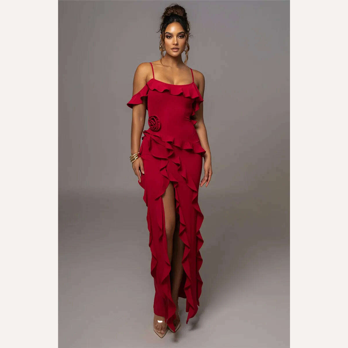 Mozision Elegant Ruffle Sexy Maxi Dress Women Spaghetti Strap Flower Sleeveless Backless High Split Club Party Evening Dress - KIMLUD