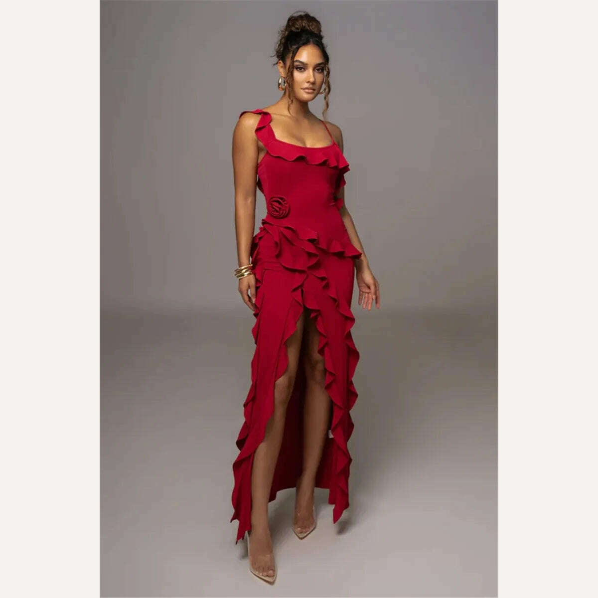 Mozision Elegant Ruffle Sexy Maxi Dress Women Spaghetti Strap Flower Sleeveless Backless High Split Club Party Evening Dress - KIMLUD